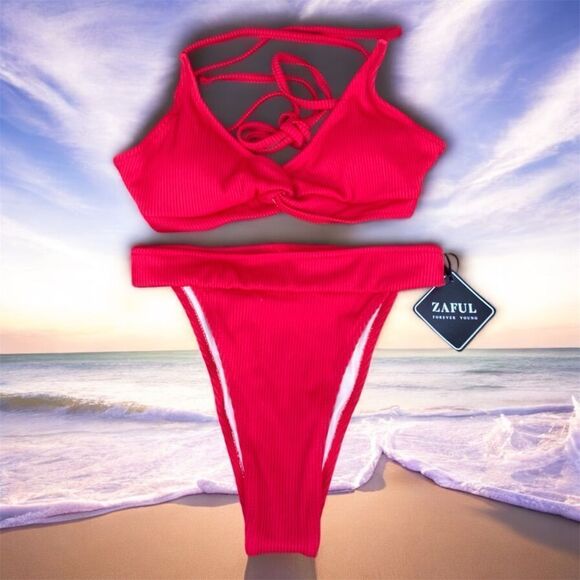 NWT New Zaful Red Criss Cross Back Cheeky Ribbed Bikini Swim Set Bottom & Top XS - Picture 7 of 12